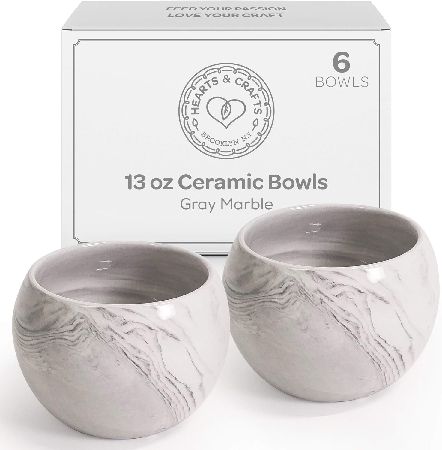 Hearts & Crafts Gray Marble Ceramic Bowls for Candle Making - Multi-Use Ceramic Pots for Arts & Crafts, Storage, Candies, Planter Pots, Gifts & More (13 oz, Set of 6)