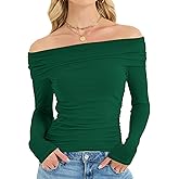 OULESIS Off The Shoulder Mesh Tops for Women 2025 Fall Long Sleeve Shirts Bodycon Y2k Blouses Ruched Tendy Going Out Outfits