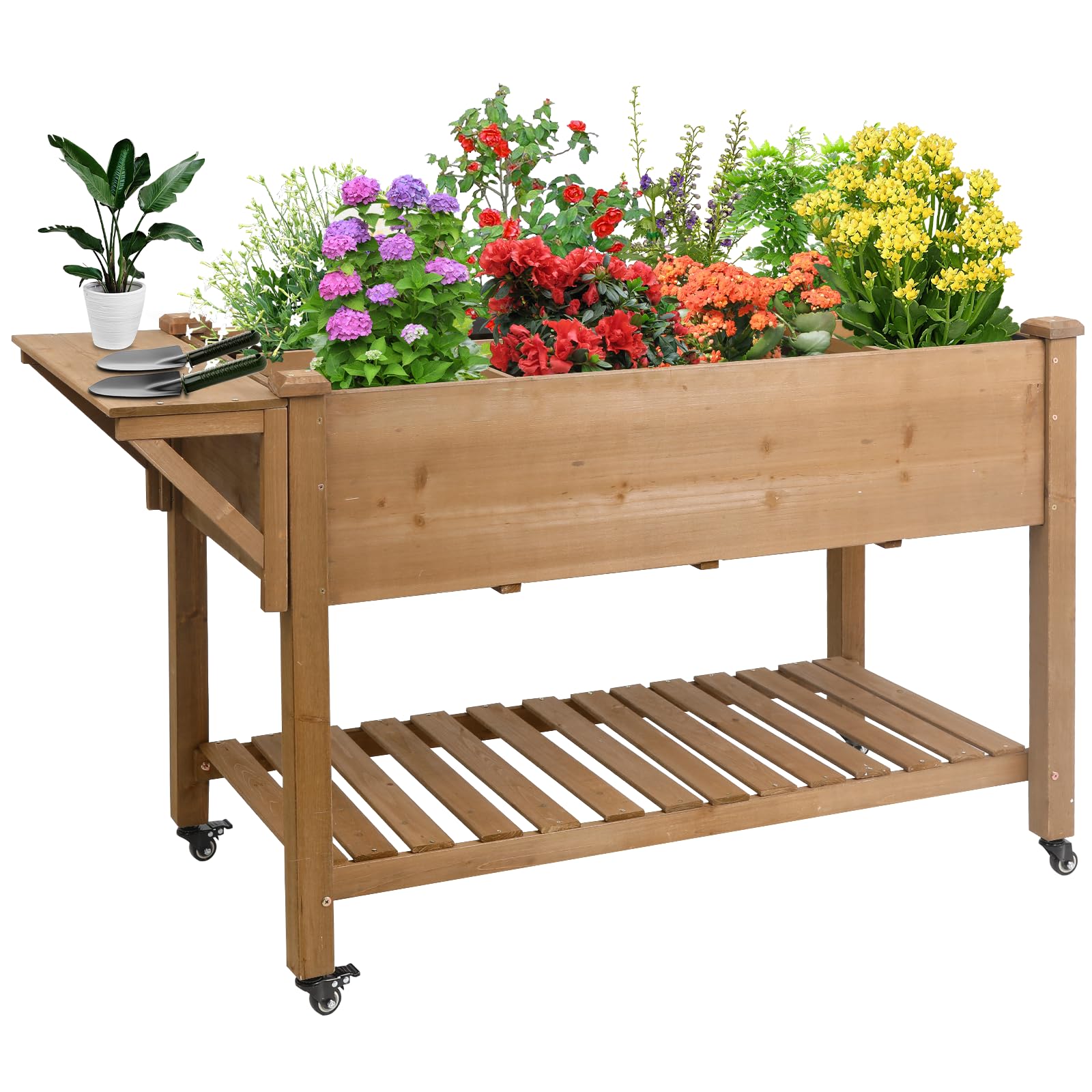 Photo 1 of **** similar to photo not exact missing pieces final ********* FINAL SALE****Raised Garden Bed Outdoor with Lockable Wheels, 55"x 24" x 33" Elevated Wood Planter Box for Backyard Balcony Patio , Garden Flower Beds with Drainage Holes & Storage Shelf, Gift