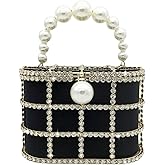 Boutique De FGG Elegant Evening Handbag with Pearl Rhinestone Bucket Bag Crystal Clutch Purses for Wedding Party Small Tote