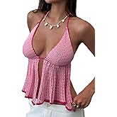 Milumia Women's Crochet Knit Ruffle Halter Crop Top Backless Going Out Camisole Top