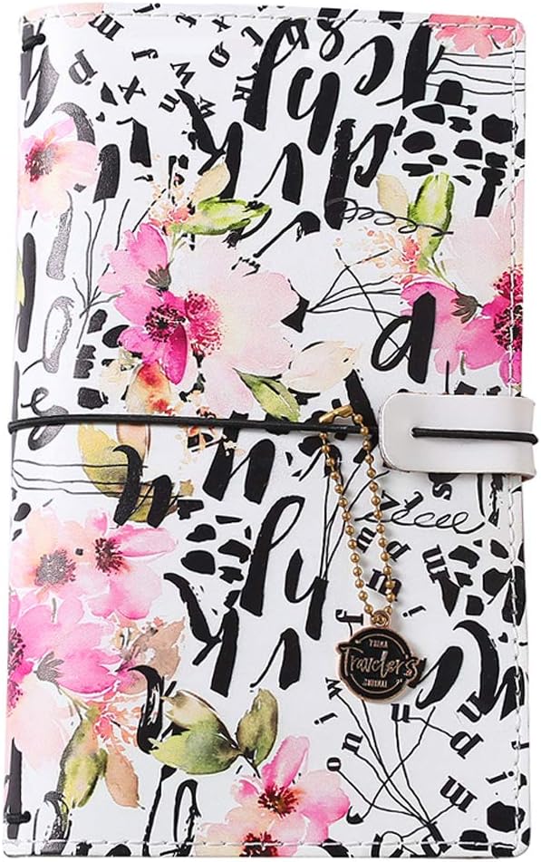 Travelers Notebook Refillable Journal - Blank Pages Sketchbook Daily Note, Faux Leather Assorted Flower Printing Cover, Multi-Pocket 4 Rubber Bands Good for Writing, Drawing as a Gift for Girls