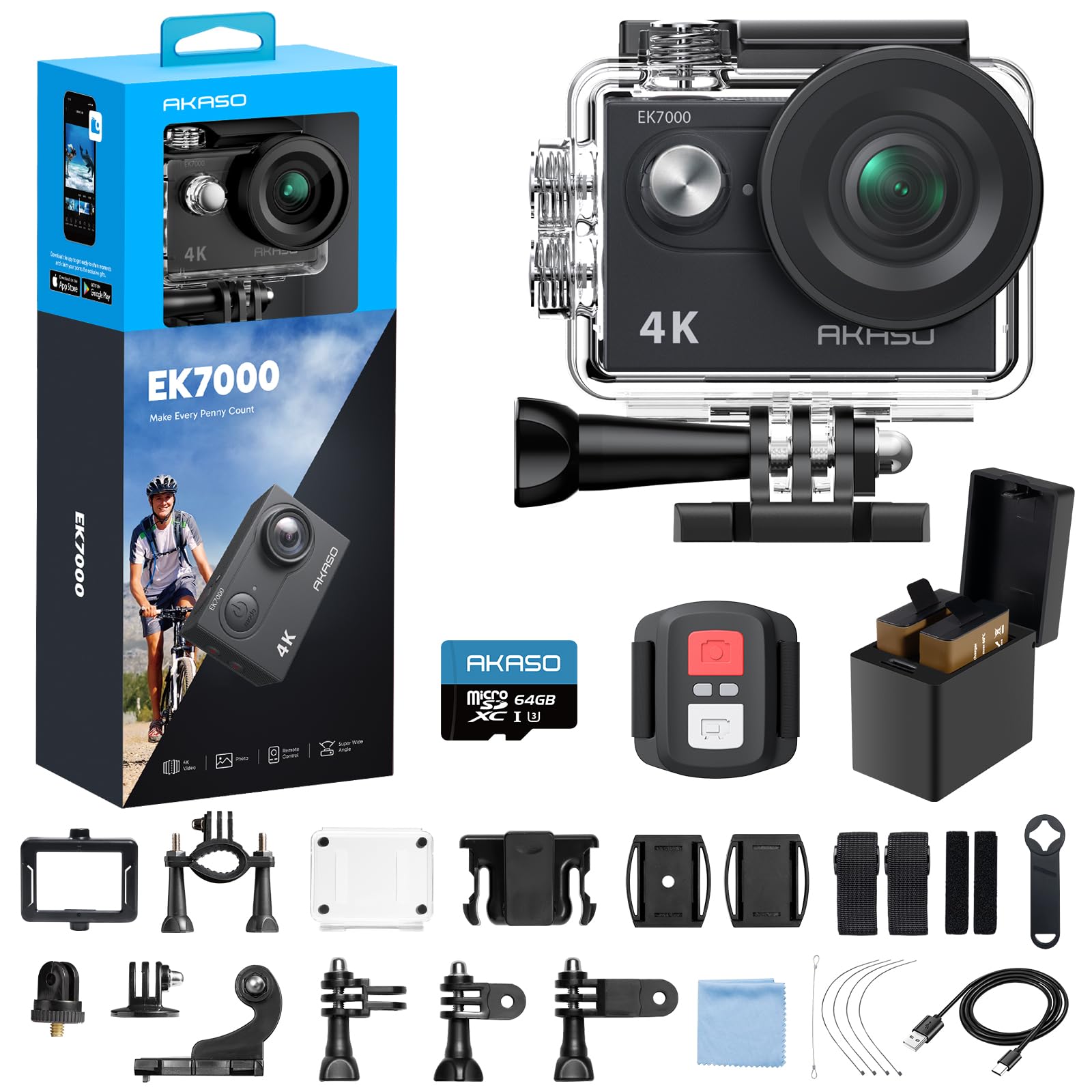 AKASO EK7000 4K30FPS 20MP WiFi Cámara de acción con paquete de tarjeta de memoria MicroSD de 64GB EIS Ultra HD 131FT Cámara subacuática impermeable Control remoto Soporte de zoom 4X Micrófono externo Negro