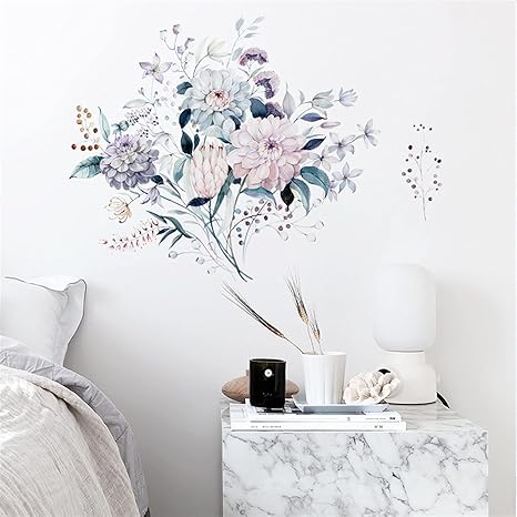 Amazon ホームウォールステッカー水色の花と植物の壁のステッカーベッドルームリビングルームの家の背景の装飾壁画の取り外し可能なステッカー壁紙 ウォールステッカー オンライン通販