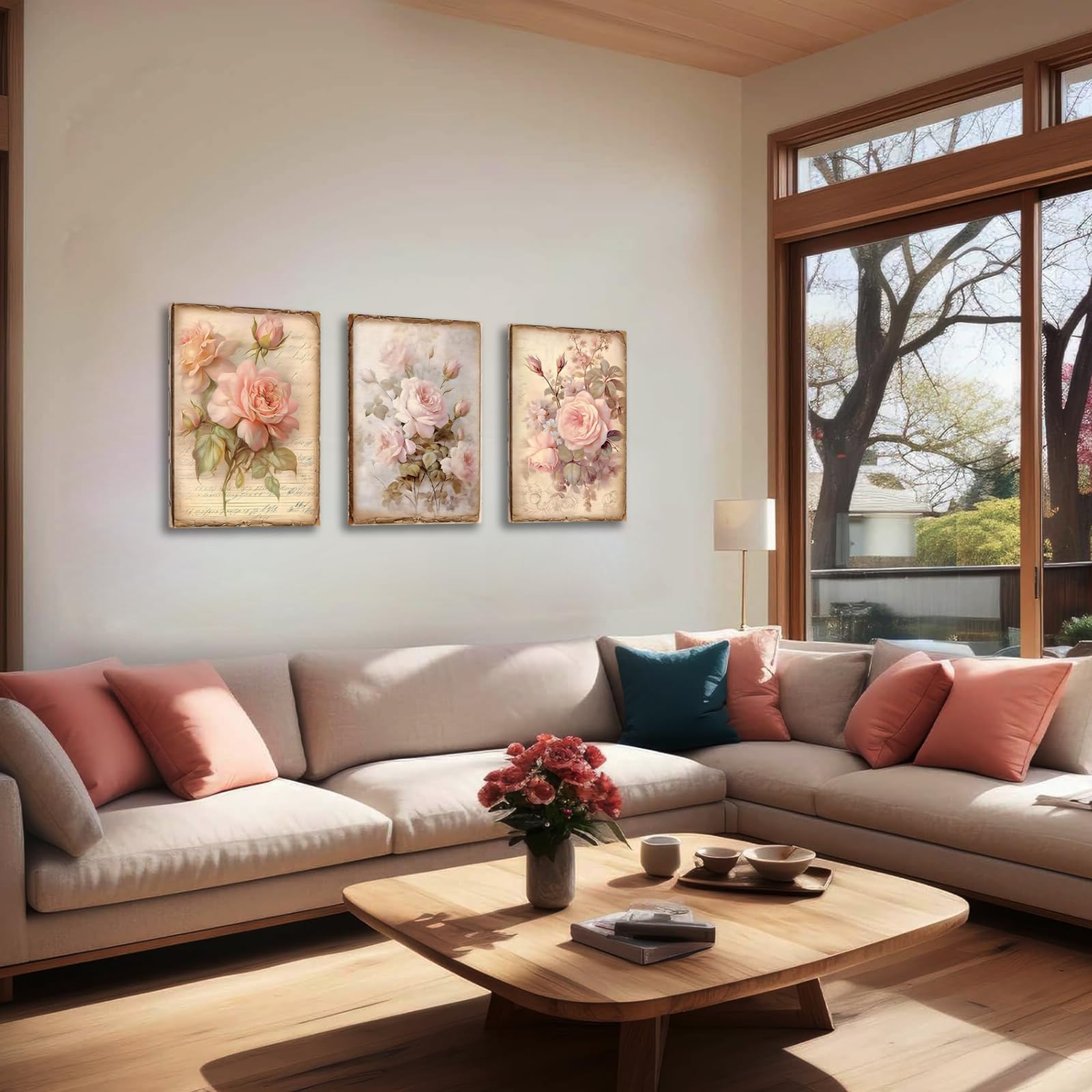 Condition photo showing New/Like New for 3pcs framed vintage flowers canvas wall art pink rose grandmillennial home wall decor retro floral p