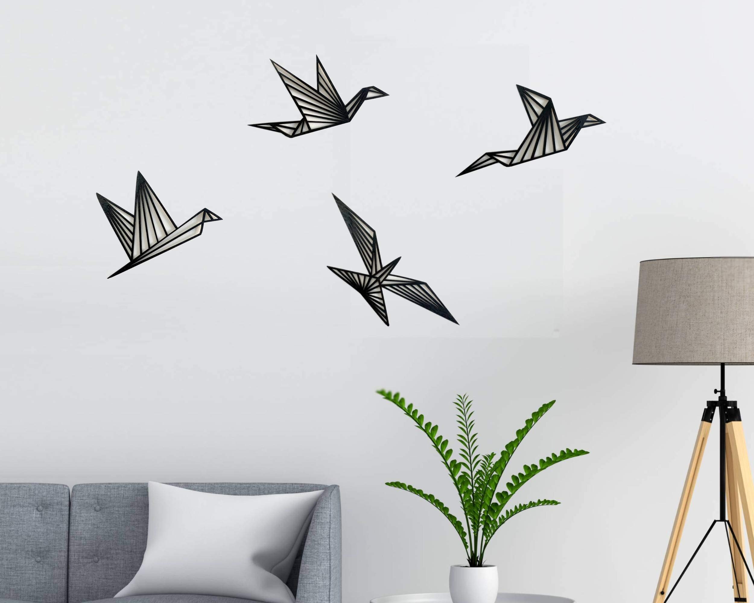 Pet-Jos Birds Wall Decoration Wooden Birds Wall Deco 4 PCS Geometric Ornaments Origami Minimalist Wall Art Hanging Decoration, Black