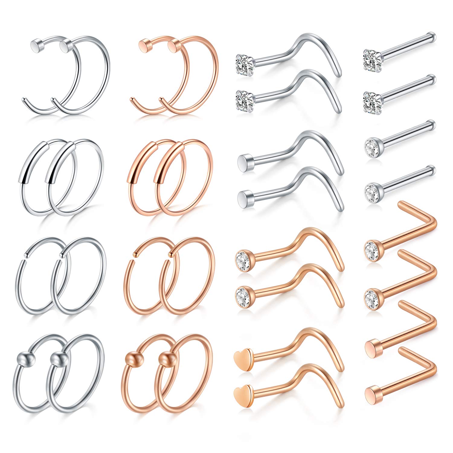 Mayhoop 20G Nose Rings Set Surgical Steel Nose Studs Nose Screw CZ Nose Piercing Jewelry for Women Men Rose Gold and Silver Color 32Pcs set2