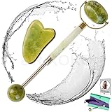 Jade Roller For Face With Gua Sha Tool For Facial Lymphatic Drainage, Puffy Eyes, Boost Collagen | Made of Real Jade 100% Authentic Jade Stone | Face Slimmer & Massager, Detachable