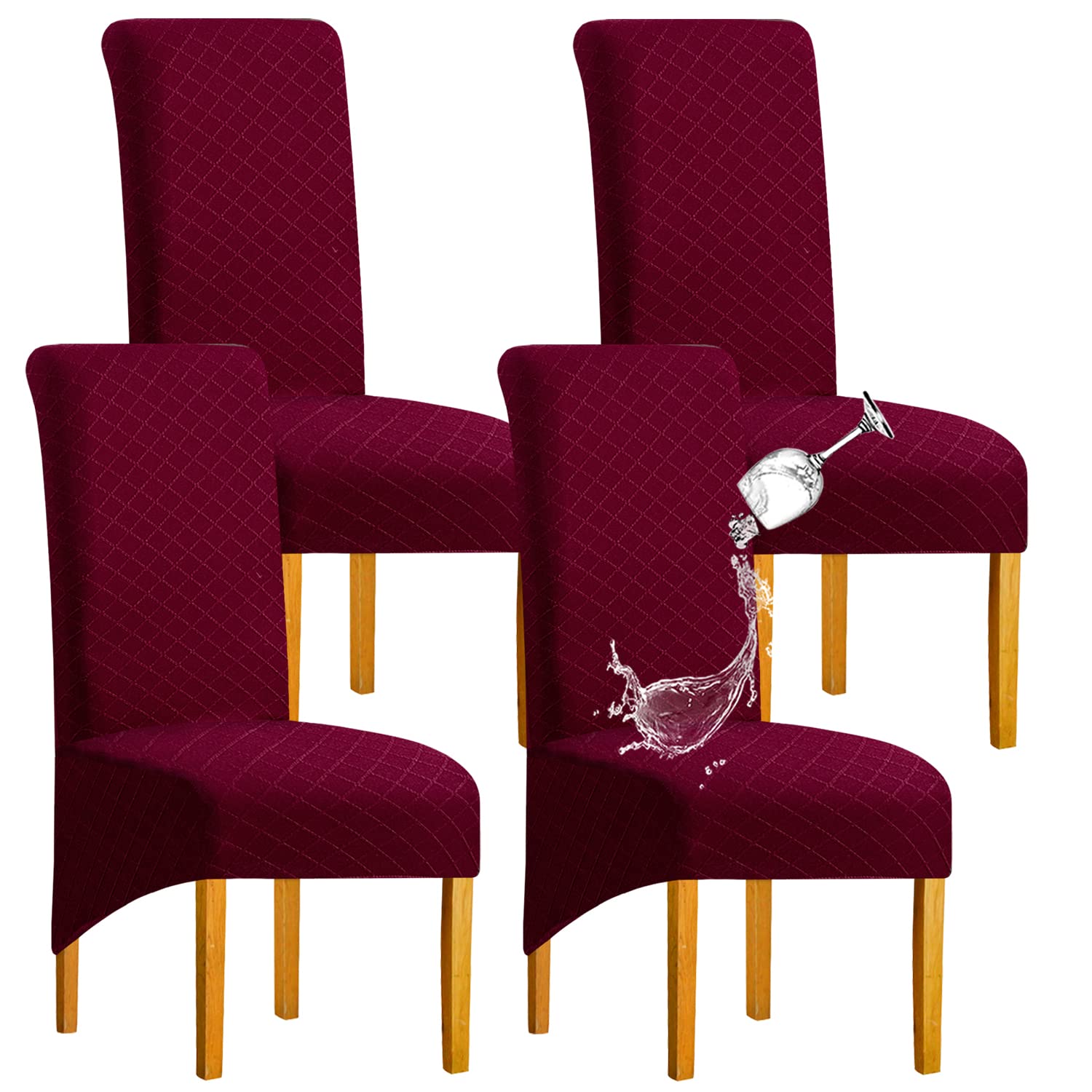 SHENGYIJING 1/2/4/6 PCS Diamond Lattice Stretch Waterproof XL Chair Covers for Dining Room, Spandex Large Dining Chair Slipcovers High Back Jacquard Dining Chair Covers (Wine Red,Set of 4)