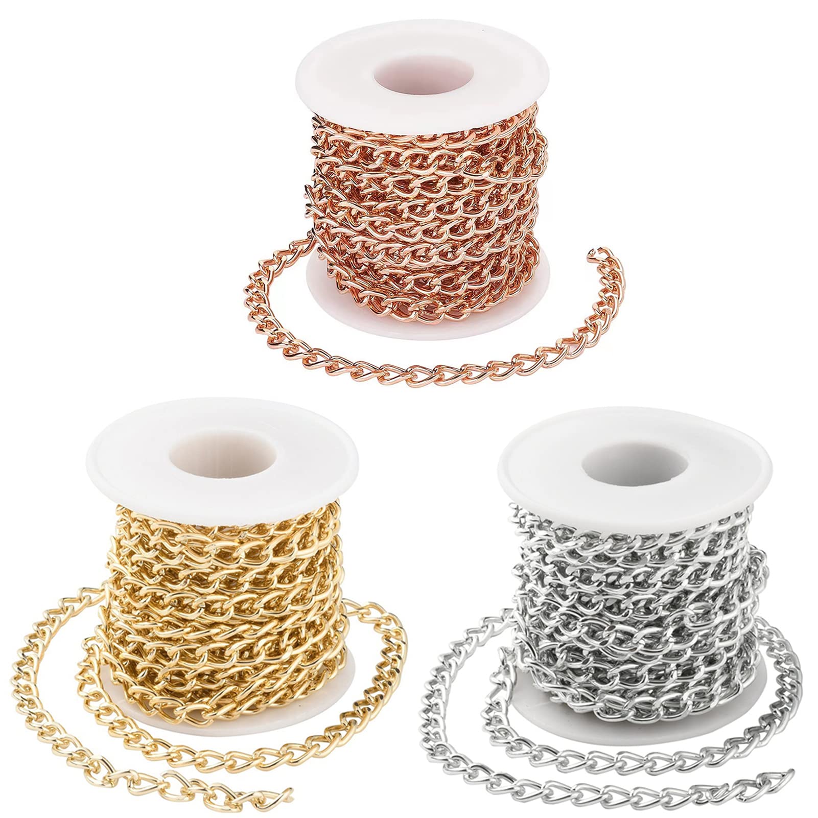 49.2 Feet Aluminum Curb Chains Twisted Links Cross Cable Chains Golden & Silver & Rose Gold with Spool for Pendant Necklace Jewelry Making