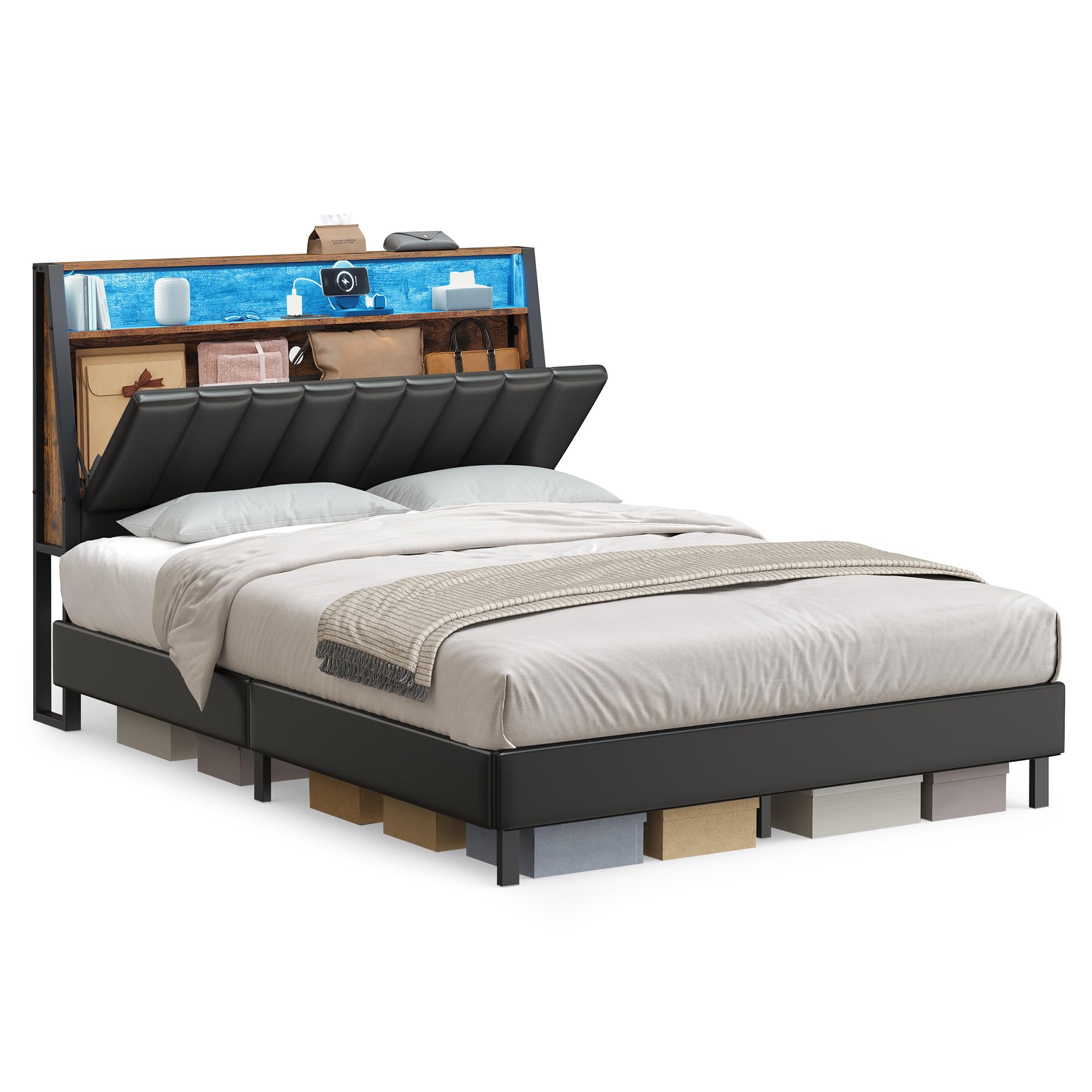 Photo 1 of VASAGLE LED Bed Frame Full Size, Storage Headboard and Charging Station, Full Bed Frame with 2 AC Outlets, 1 USB Port, 1 Type-C Port, No Box Spring Needed, Ink Black and Rustic Brown URMB842B01