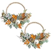 CIR OASES 2PCS 16 inch Wood Beads Wreath,Fall Wreaths for Front Door,Eucalyptus Berries Pumpkins Lamb Ears Leaves Autumn Wreaths for Front Door, Fall Decor, Porch Wall, Home Outdoor Holiday Decor