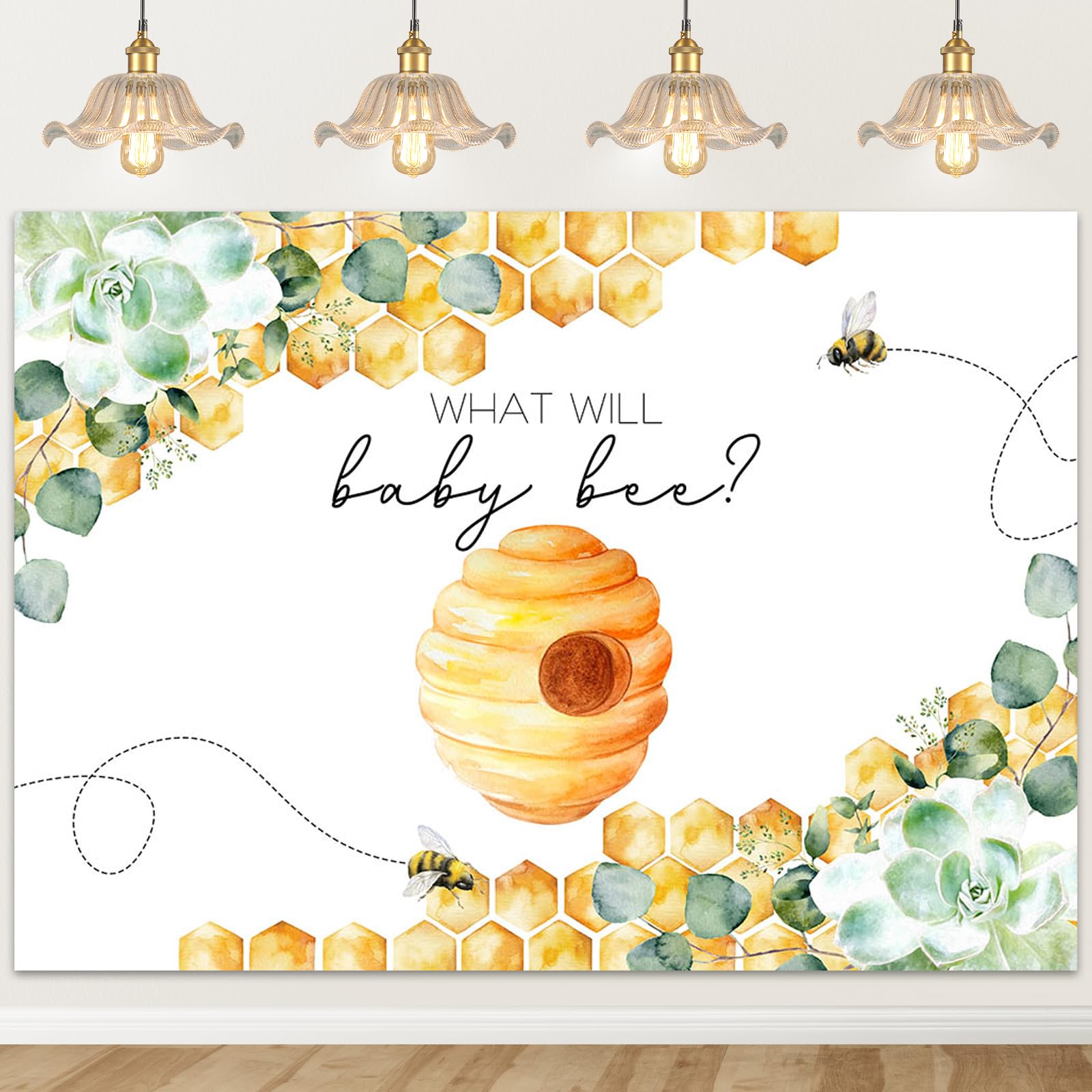 Photo 1 of Mocsicka Greenery Bee Gender Reveal Backdrop What Will Baby Bee Background Honeycomb Gender Reveal Party Decorations Banner Photo Studio Props (7x5ft)