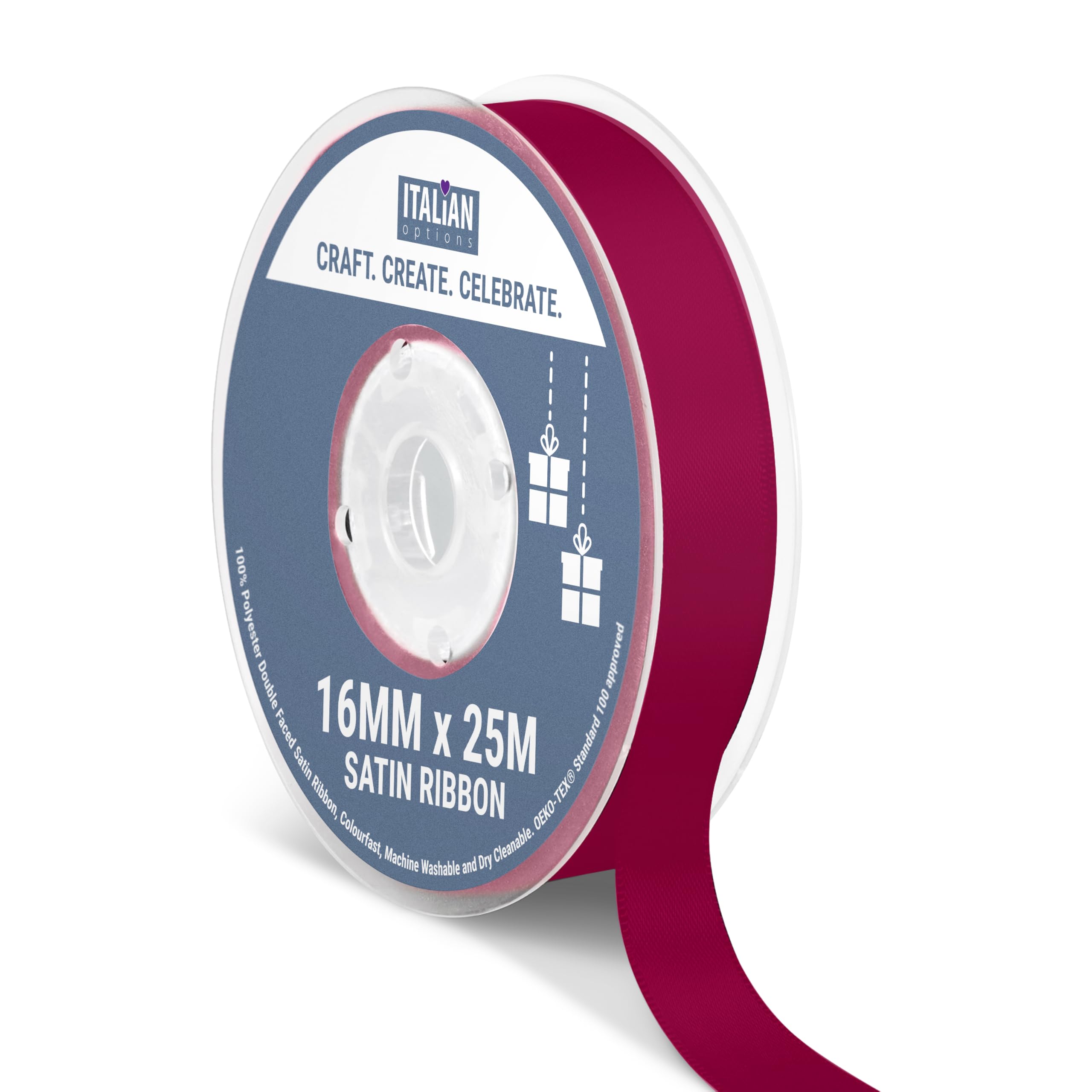 Italian Options Satin Ribbon, Fabric Ribbons for Gift Wrapping, Crafting, Balloons, Wedding Car, Presents, Cake, Christmas, Birthday, Gift Wrap Accessories, 16mm Wide x 25 Metre Roll, Burgundy