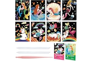 NAIHEY Scratch Art Rainbow Painting Scratch Off Doodle Paper, Womens Hobbies Engraving Art Craft Set, Creative Gifts for Girls Boys Students Older Kids Drawing Pads 8 Sheets (Mermaid & Unicorn)