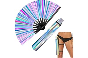 FOWSRHRG Folding Hand Rave Fan with Holster, 13" Clack Handheld Fan Reflective Hand Fan for Music Festivals,Carnival,Rainbow Outfits,Disco Party,Neon Party, Glow Party Decorations Supplies (Magic Silver)