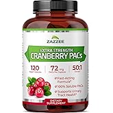 Zazzee Cranberry PACs, 72 mg PACs per Capsule, 2X Strength, 100% Soluble, 120 Vegan Capsules, 50:1 Extract, 18,200 mg Strength, Fast-Acting, Effective Urinary Tract Support, Made in The USA