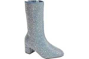 ABSOLEX Girl's Rhinestone Round Toe Knee High Chunky Low Heel Boot