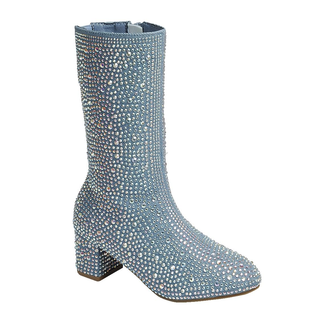 Photo 1 of ABSOLEX Girl's Rhinestone Round Toe Knee High Chunky Low Heel Boot, Blue Denim, 9