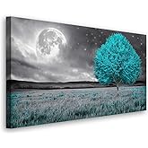 Tree of Life Wall Art Picture Canvas Prints Room Wall Décor Blue Tree with Full Moon Paintings for Living Room Bathroom Bedroom Home Kitchen Decorations Natural Artwork Wooden Framed 20x40inches