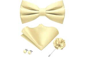 JEMYGINS Solid Color Pre-tied Bow Tie and Pocket Square Cufflinks Lapel Pin Sets for Men 4PCS