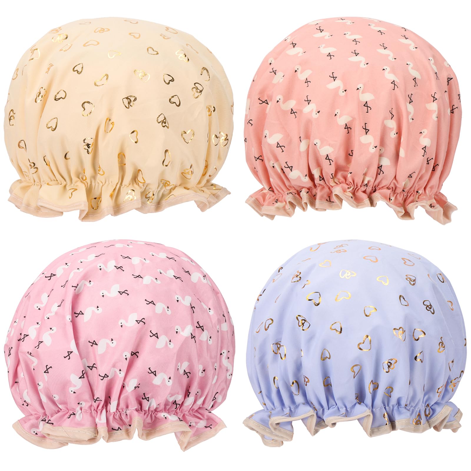 Photo 1 of 4 Pcs Shower Caps Hat for Women and Girl, Reusable Waterproof Bath Cap Double Waterproof Layers Bird and Heart Pattern