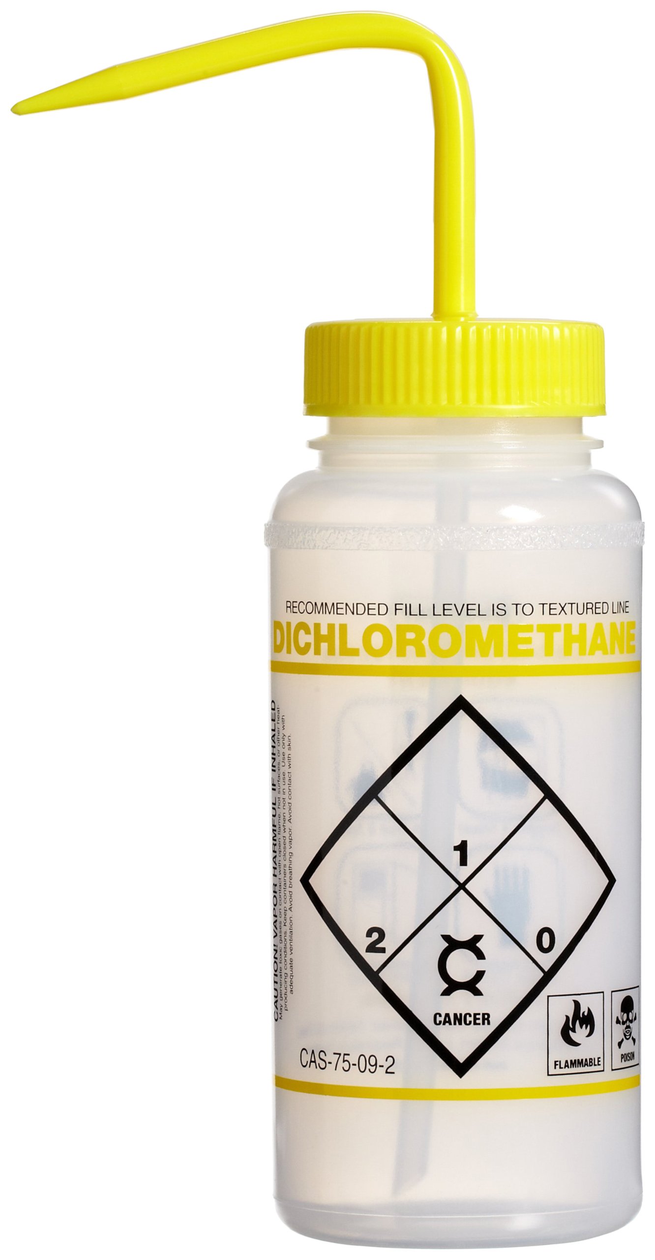 Bel-Art F11646-6250 Polyethylene Safety-Labeled 2-Color Dichloromethane Wide-Mouth Wash Bottle with Yellow Polypropylene Cap, 500mL Capacity, Pack of 6