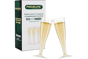 FOCUSLINE 100 Pack Plastic Champagne Flutes, 4.5 Oz Gold Glitter Plastic Champagne Glasses, Disposable Clear Toasting Glasses Recyclable Cups for Wedding Party