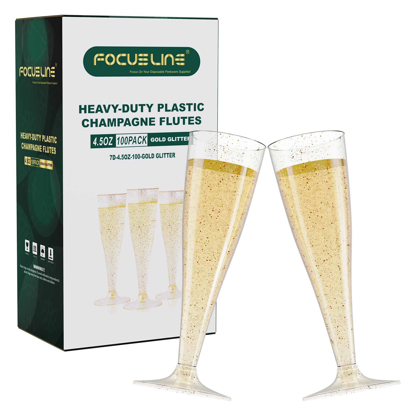 Photo 1 of FOCUSLINE 100 Pack Plastic Champagne Flutes, 4.5 Oz Gold Glitter Plastic Champagne Glasses, Disposable Clear Toasting Glasses Recyclable Cups for Wedding Party