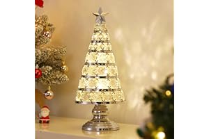 Lewondr Christmas Tree Lamp, 14 Inch Battery Powered Crystal Treetop Lighted Christmas Tree Decorative Light LED Lamp, Handmade Glass Tabletop Christmas Ornament for Home Party Gift, Silver