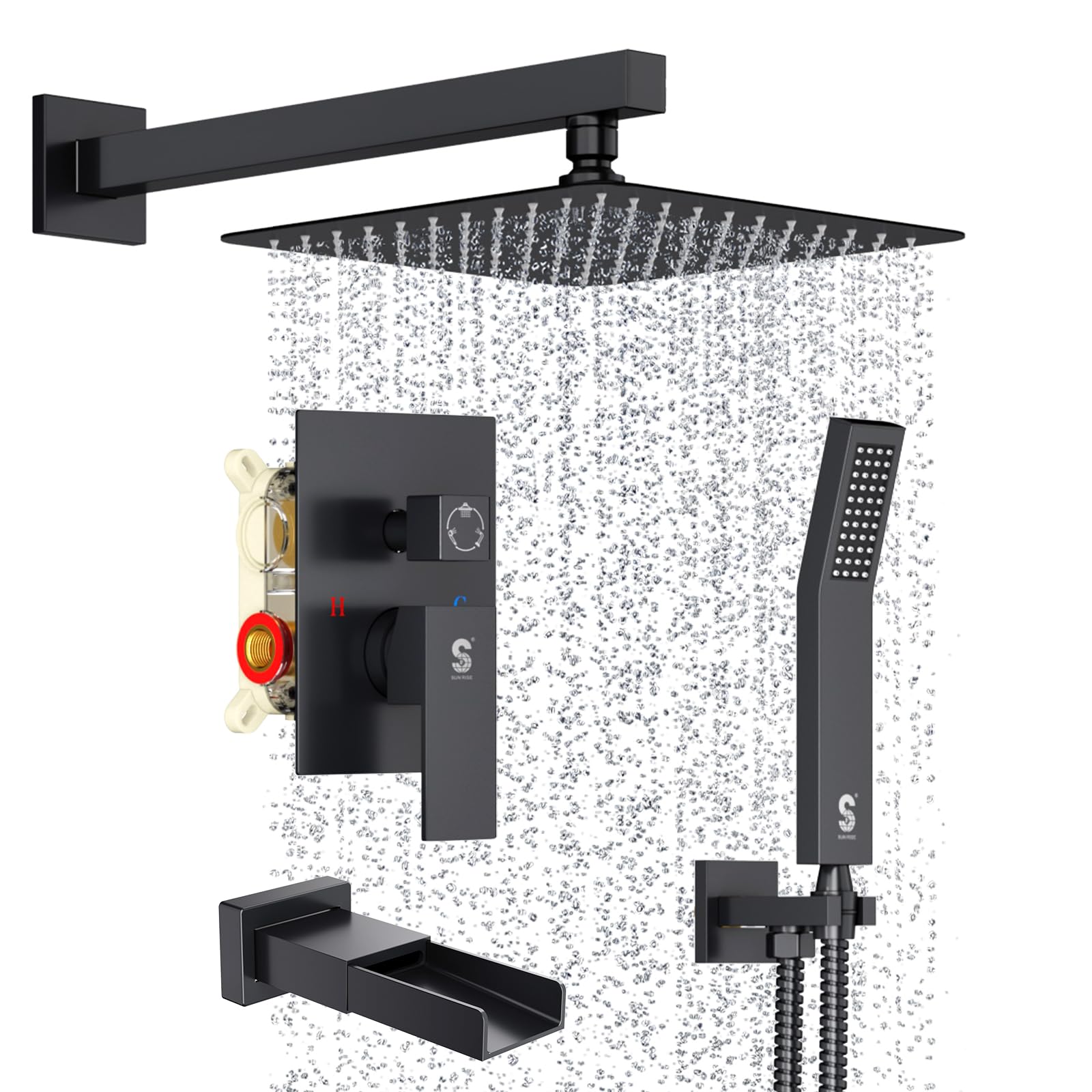 Photo 1 of SR SUN RISE 10 Inches All Metal Bathtub Faucet Set Shower System with Tub Spout Square Rain Shower Head and Handheld Combo Shower Fixtures, Modern Valve and Trim Kit, Matte Black