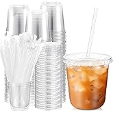 Ziliny 100 Sets Clear Plastic Cups with Lids and Straws, Disposable Iced Coffee Cups Clear Drinking Cups for Cold Drinks, Juice, Smoothie, Pet Cup for Coffee Shops, Party, Christmas (12 oz)