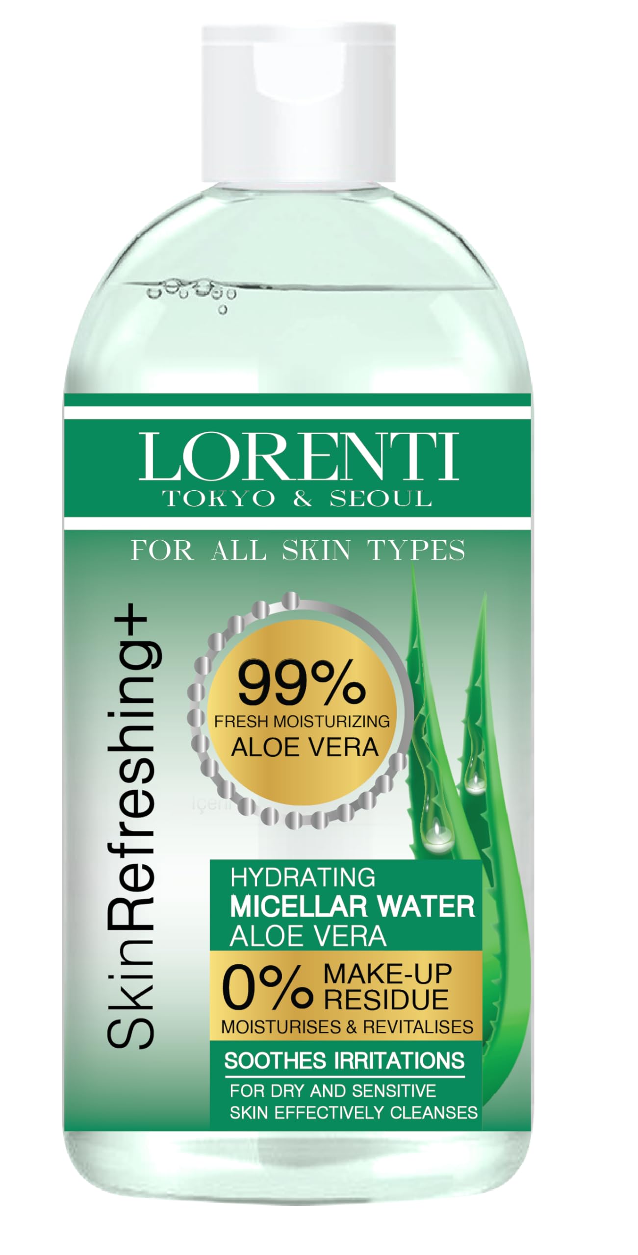 Lorenti Skin+ Micellar Water For Waterproof Makeup | Facial Cleanser & Makeup Remover | 0% Make-Up Residue | Any Skin Type 13.5 Fl Oz Aloe Vera 400 ml