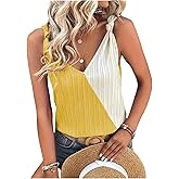 RoseSeek Women's Color Block Knot Front Tank Top Sleeveless V Neck Summer Shirts