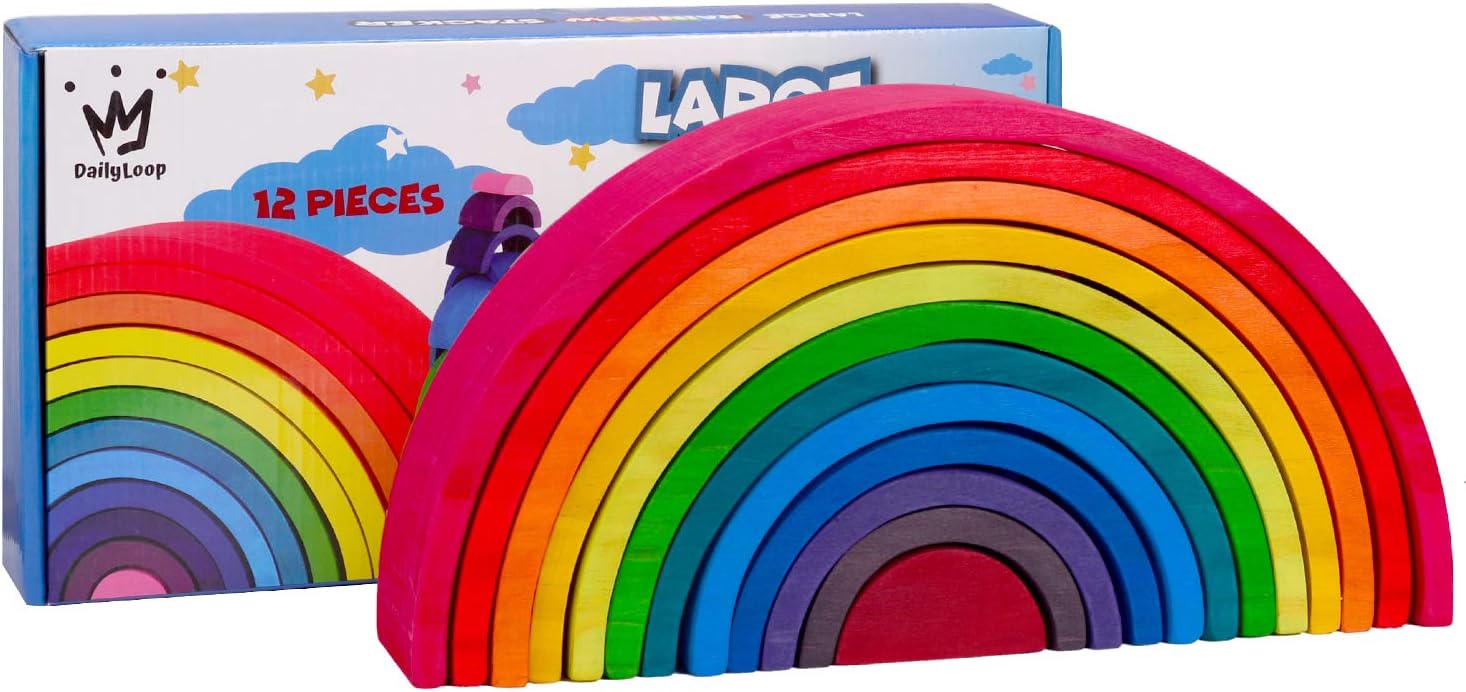 DailyLoop Large 12 Pieces Rainbow Stacker Nesting Puzzle Wooden Building Blocks for Kids Toddler Baby