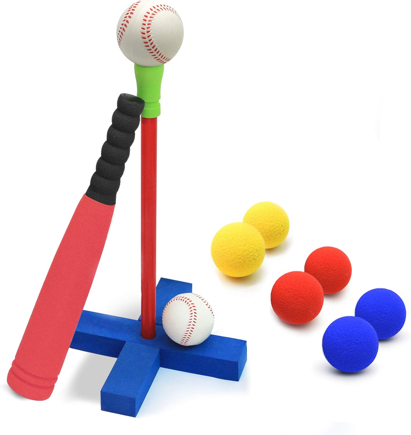 CeleMoon 16-Inch Kids Soft Foam T-Ball Baseball Set Toy, 8 Different Colored Balls, Carry/Organize Bag Included, for Kids Over 1 Years Old (Red): Sports & Outdoors