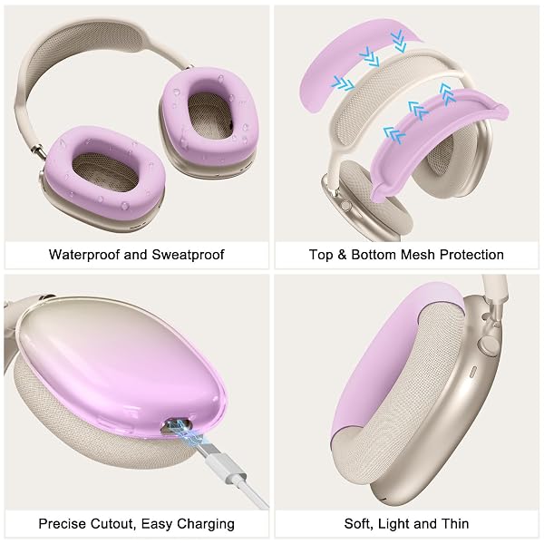 SILICONE CASE COVER FOR AIRPODS MAX 2,CLEAR GRADIENT TPU EAR CUPS COVER/EAR PAD CASE COVER/HEADBAND COVER FOR AIRPODS MAX 2/1 (2026/2024/2020),TRANSPARENT ACCESSORIES FOR APPLE AIRPOD MAX,LIGHT PURPLE