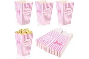 BOXOB 24pcs Pink Bow Popcorn Boxes, Small White & Pink Striped Popcorn Bags Mini Happy Birthday Cardstock Bucket Candy Bowl S