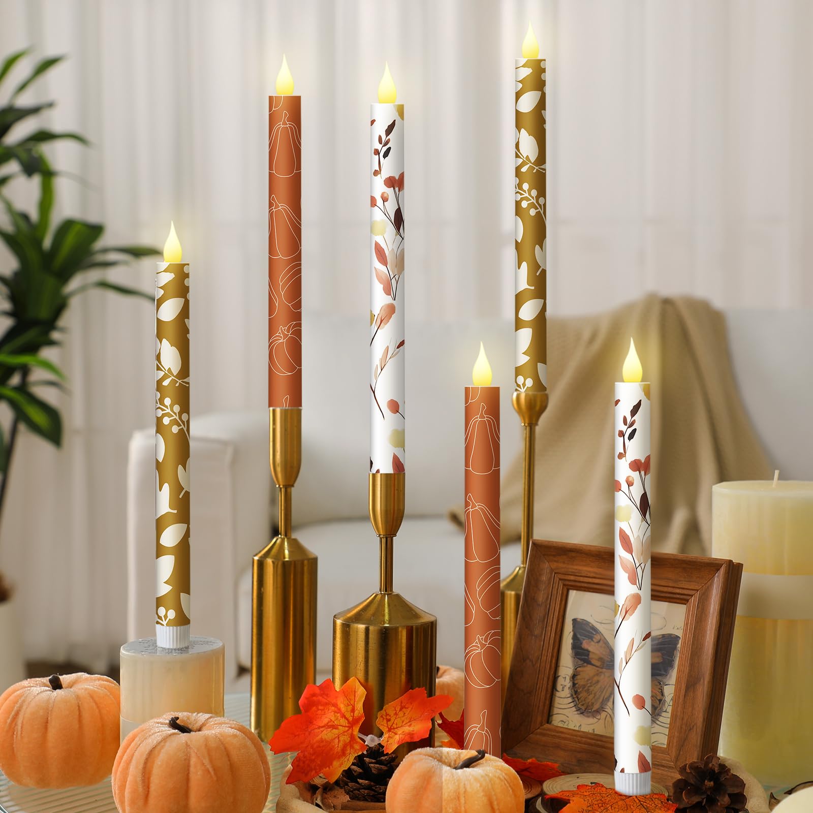 Photo 1 of Honoson 6 Pcs Thanksgiving Flameless Taper Candles 10.6 Inch Fall Pumpkin Candles Battery Operated LED Candlesticks for Thanksgiving Autumn Dinner Table Home Party Decor