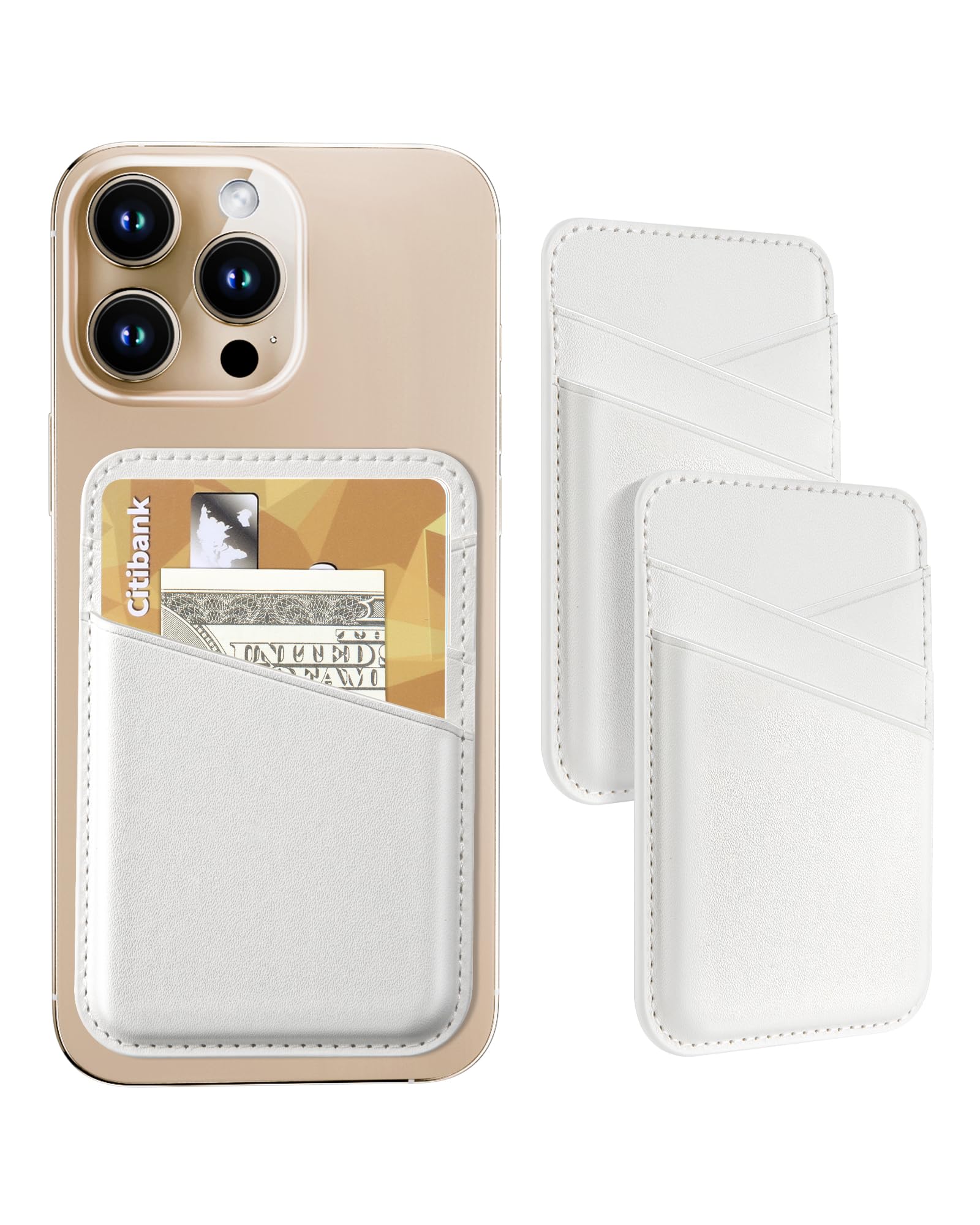 Senose Back of Phone Card Holder, Leather White Cell Wallet Stick on, Slim Credit Card Holder for PhoneCase, Card Holder for Back ofPhone Compatible for iPhone, Samsung, and Android - 2 Pack