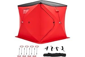 Albott Insulated Pop-Up Ice Fishing Tent, 3-4 Person Ice Shanty with Oxford Fabric, Waterproof Rain Cover, Chimney Vent, Anchors, Ropes, Carry Bag, Large Fishing Area