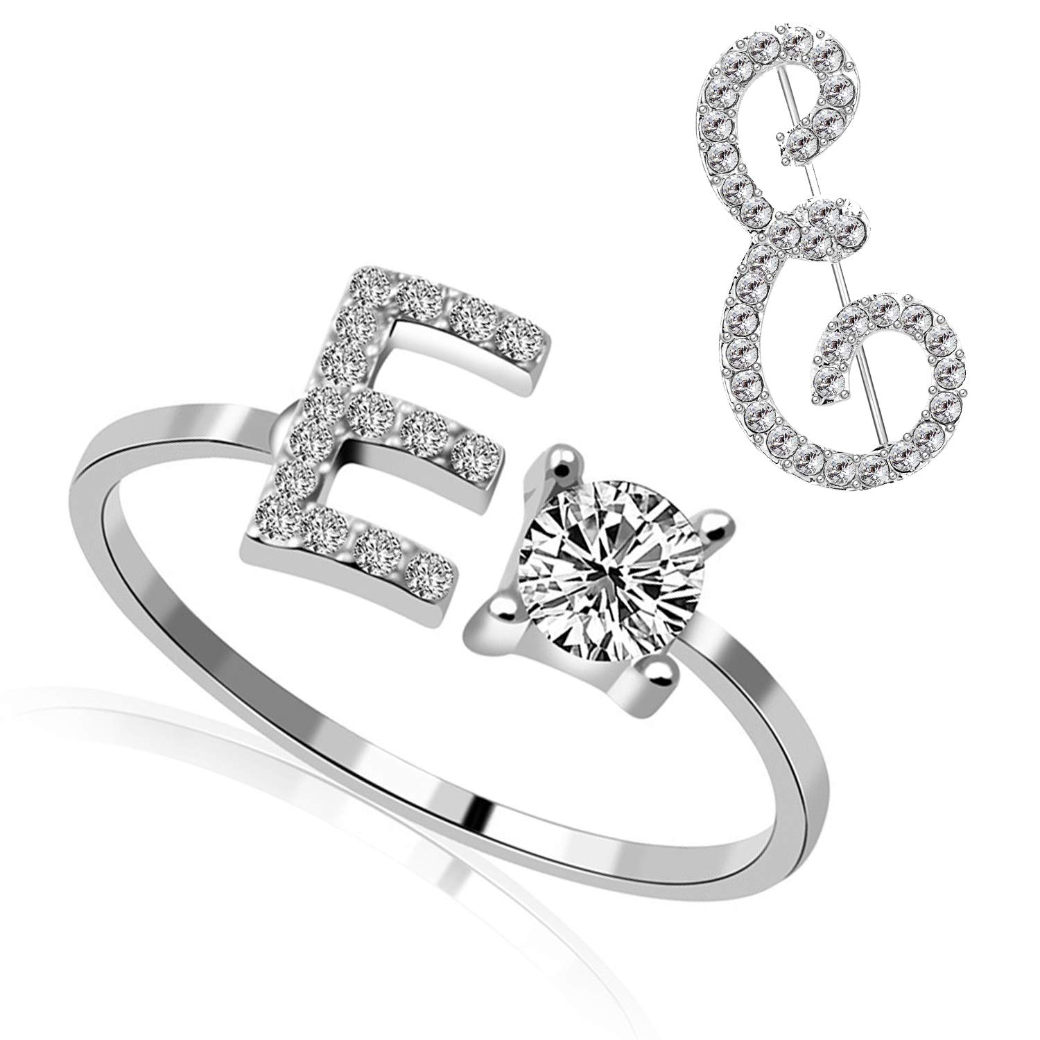 RINHOO Initial Knuckle Rings and Brooch Pin Silver Crystal 26 A-Z Letter Alphabet Adjustable Ring for Women Girl Jewelry, Crystal
