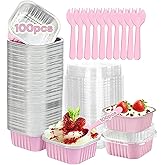 Yimy 100 PCS Square Aluminium Foil Baking Cups, Mini Cake Pans with Lids and Sporks, 5 oz Aluminum Foil Baking Cake Cups for Party Wedding Birthday (pink)