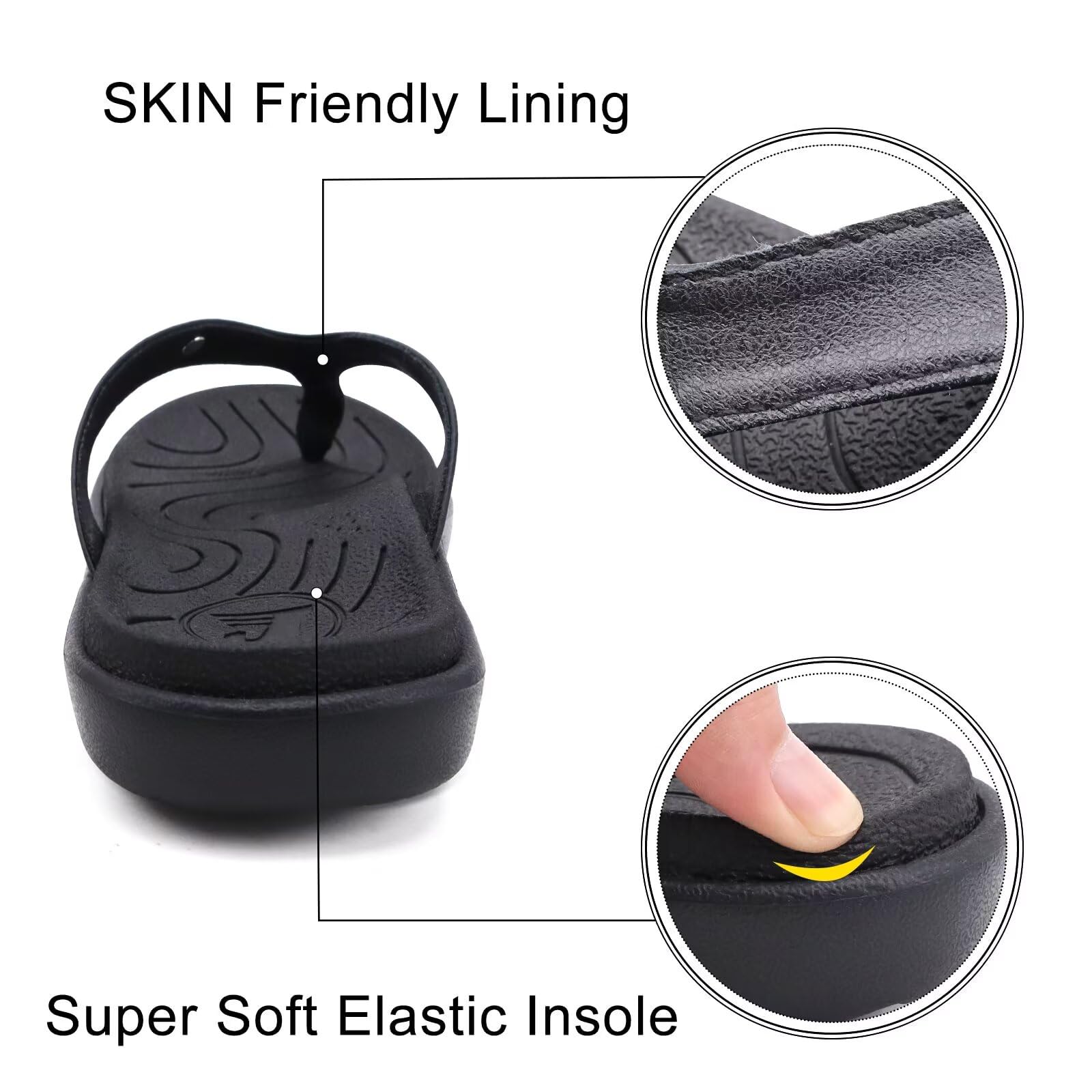 jiajiale Flip Flops Damen Mode Orthopädische Leder Stoff Leicht Zehentrenner Frauen Bequeme Yoga Fußbett Badelatschen Sommer Strand Rutschfest Feste Gummi Sohle Schwarz EU39 4