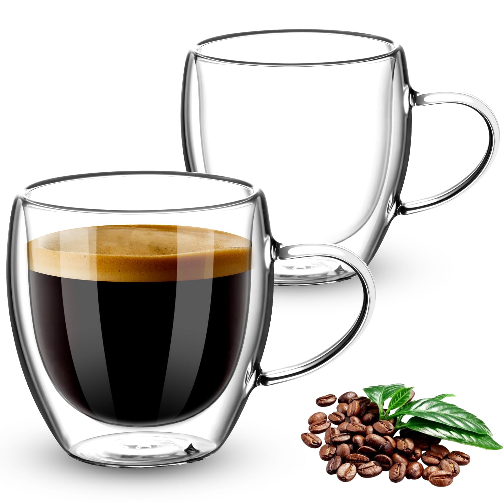 Esilihom 2 Pack Double Walled Coffee Glasses Mugs, 250ml Cappuccino Latte Macchiato Glasses Cups with Handle, Heat Resistant Borosilicate Glasses Cup for Coffee Tea Milk Juice Ice Cream