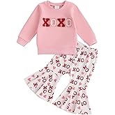 wybzd Toddler Baby Girl Valentines Outfits Embroidery Crewneck Sweatshirt Heart Bell-bottom Pants Set Valentines Day Clothes