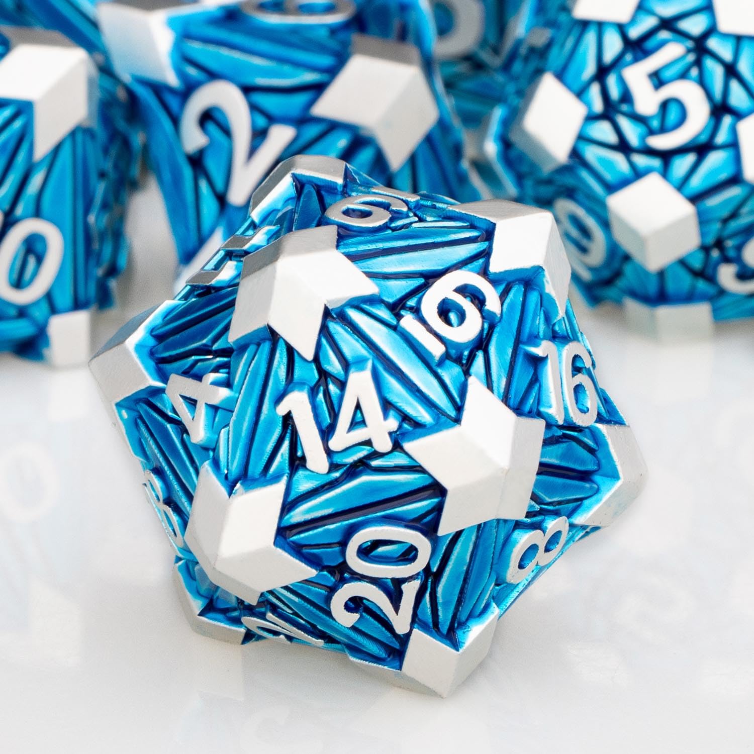 ORIFANTOU 7PCS Metal DND Dice Set with Box, Debris RPG Blue D and D Dice for use with D&D Tabletop Games Role Playing Game Polyhedral Dice Set D20 D12 D10 D8 D6 D4 — image 1