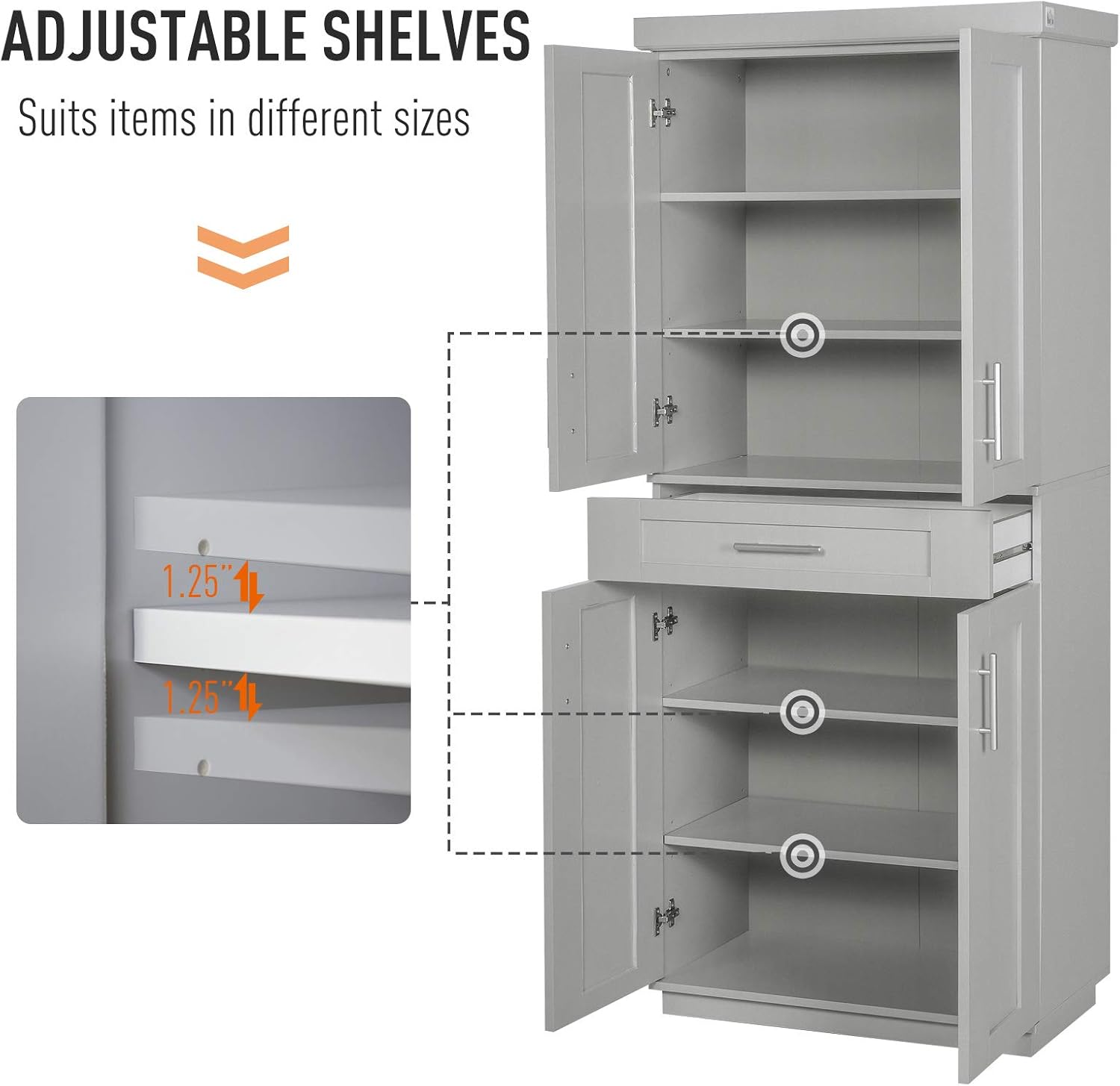 HOMCOM Modern Kitchen Pantry Freestanding Cabinet Cupboard with Doors and Shelves, Adjustable Shelving, Grey: Furniture & Decor