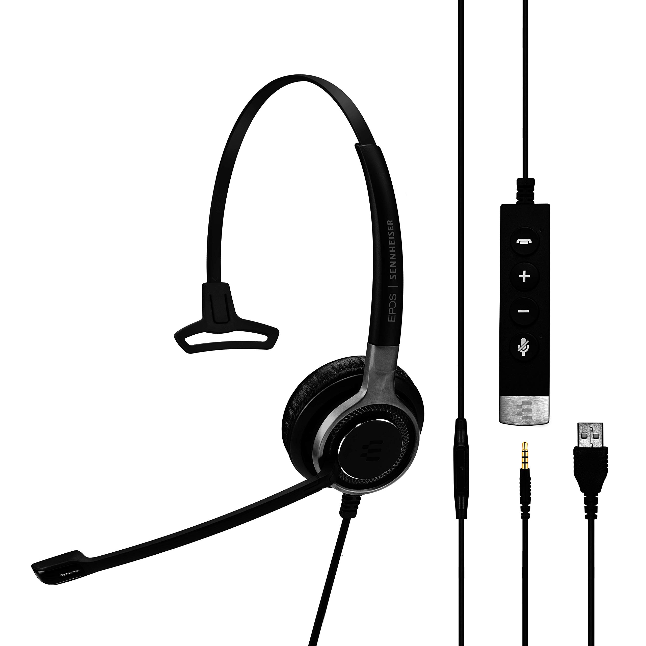Dual USB Monaural Headset, 3.5mm, Black