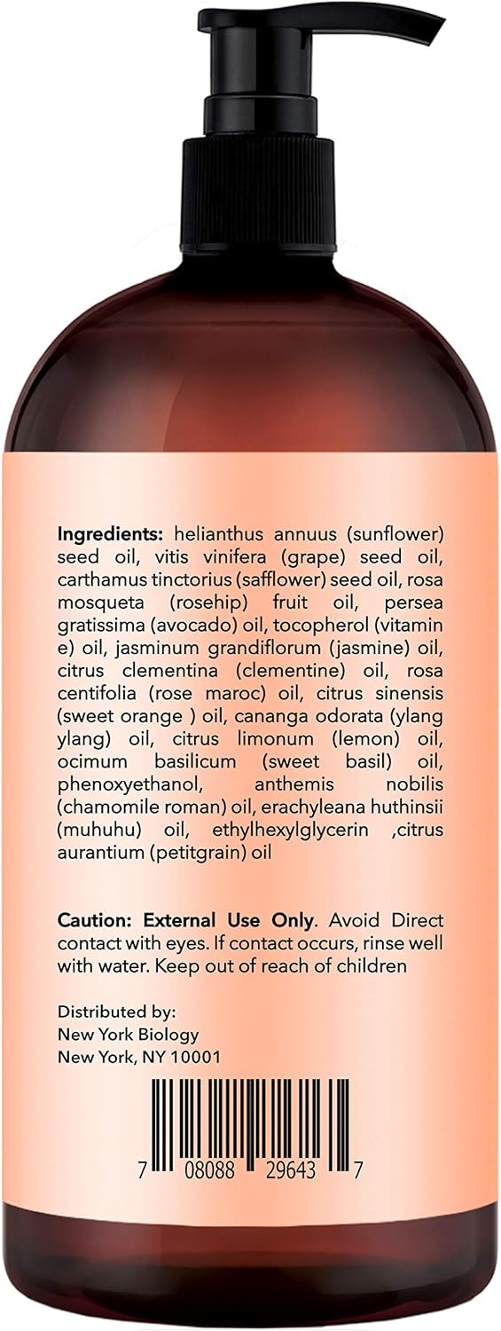 New York Biology Clementine and Jasmine Massage Oil - 100% Natural Ingredients - Sensual Body Oil Made with Essential Oils for Muscle Relaxation and Deep Tissue - 9 oz : Beauty